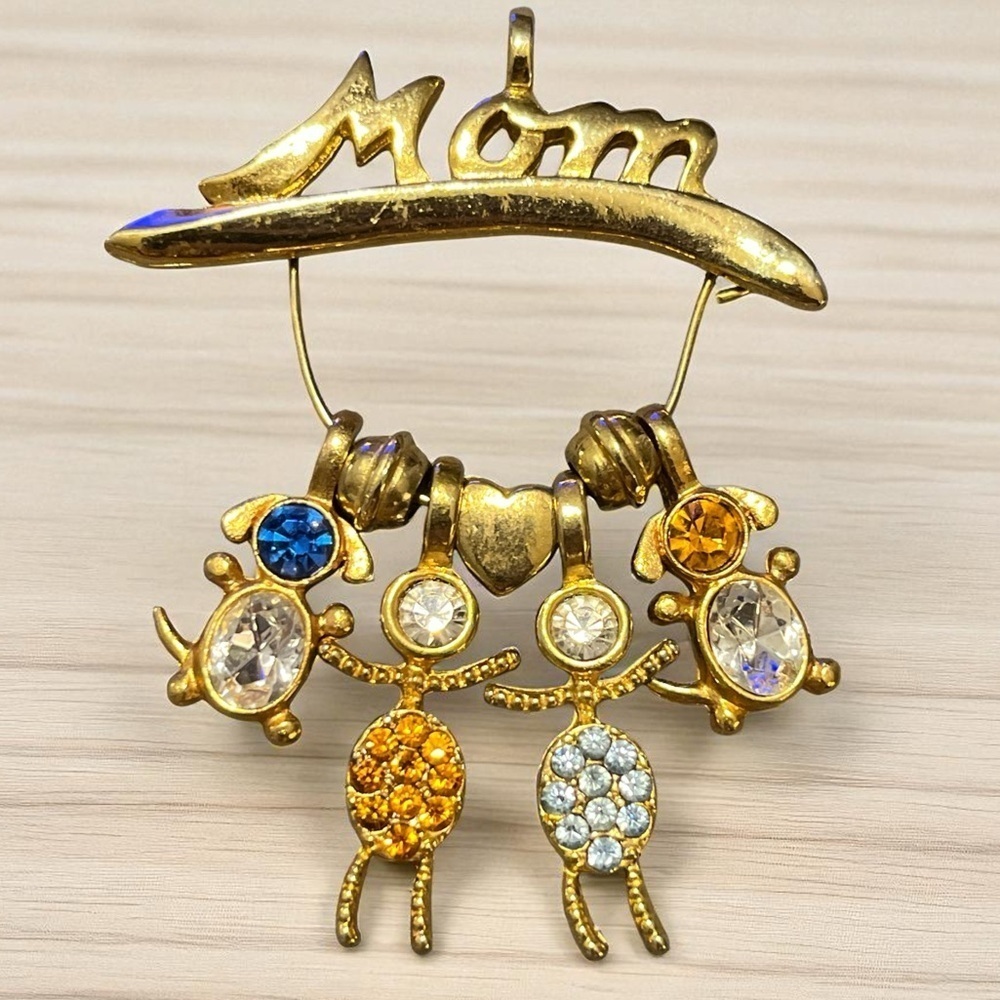 Gold 'Mom' Pendant with Colorful Gem Accents